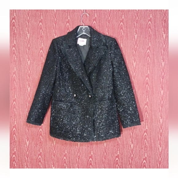KATE SPADE New York Women Black Tinsel Tweed Fringe Wool Blend Blazer Sz 0